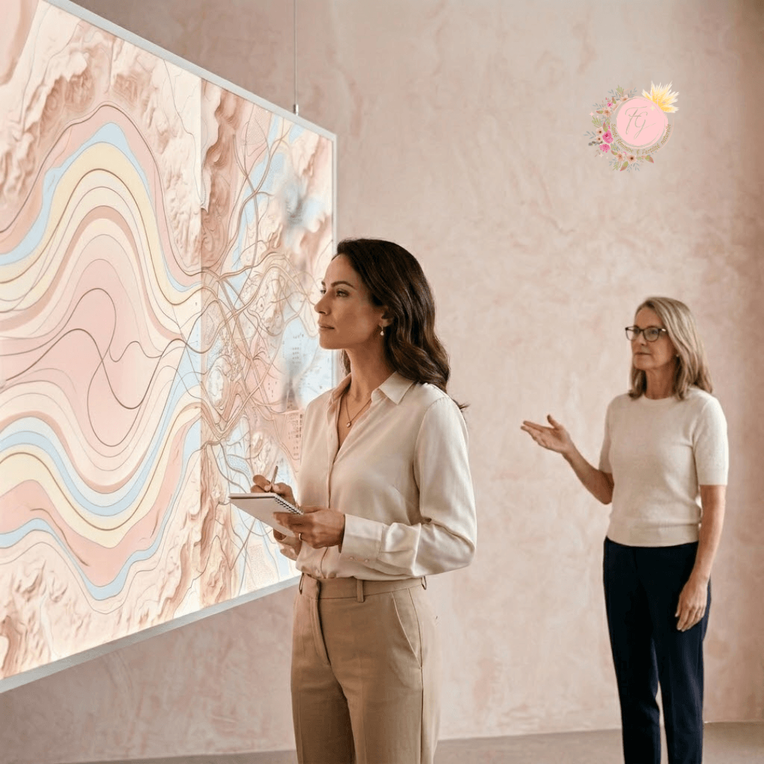 Une femme observe une grande carte lumineuse représentant un cyclogramme complexe, tandis qu’une conseillère experte l’aide à repérer les zones difficiles à interpréter.