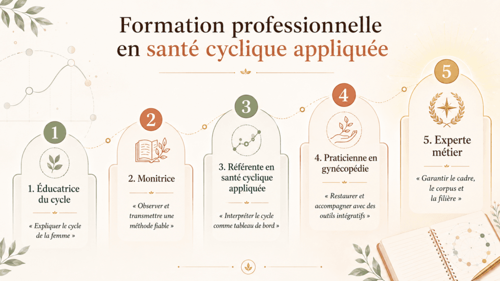 Infographie présentant les 5 niveaux de la filière en santé cyclique appliquée : éducatrice du cycle, monitrice, référente, praticienne en gynécopédie et experte métier.