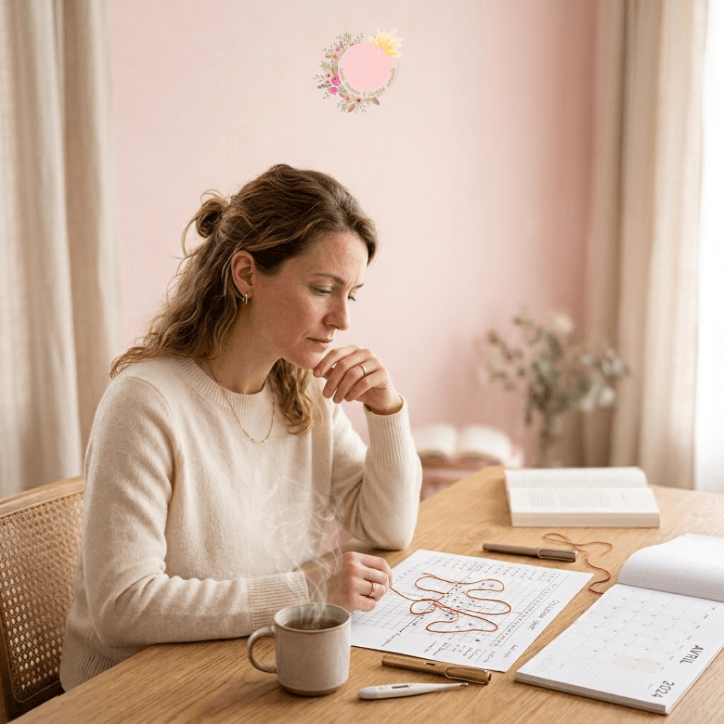 Femme observant un cyclogramme avec un fil rouge reliant les différentes étapes du cycle menstruel pour illustrer la cohérence du cycle en symptothermie.