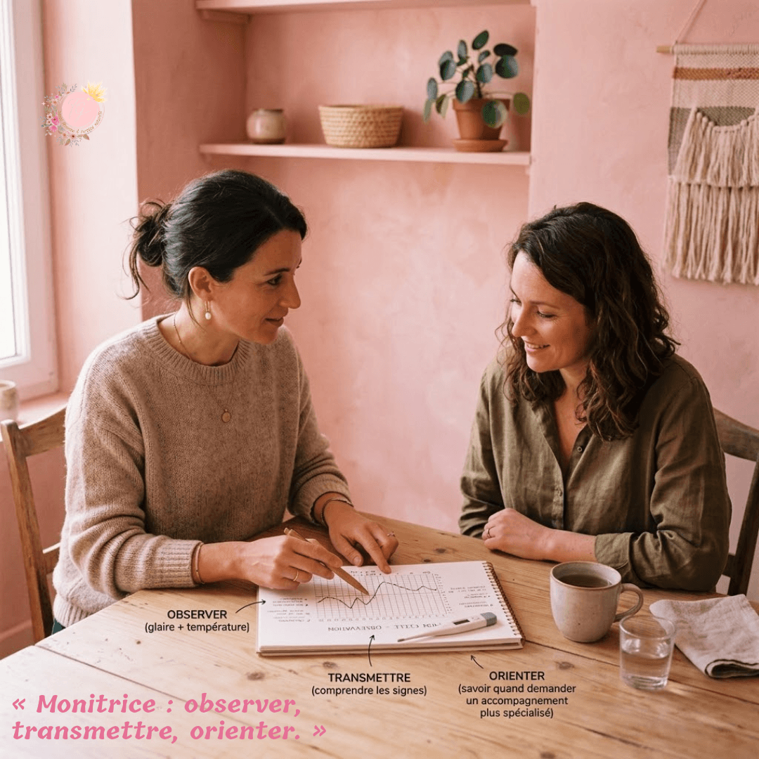 Professionnelle accompagnant une femme dans l’observation de son cycle avec la symptothermie