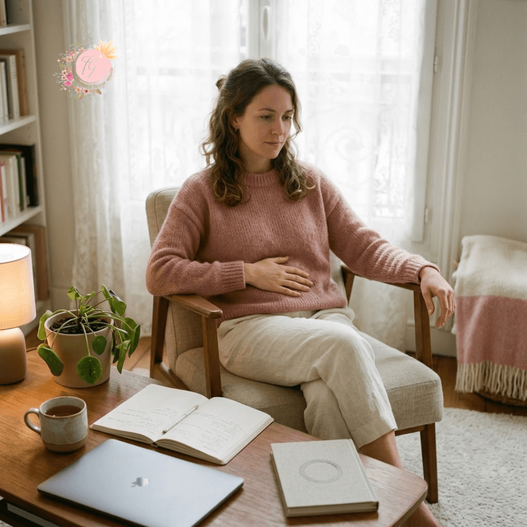 Femme à l’écoute de son corps dans un contexte de stress chronique pouvant perturber la lecture du cycle