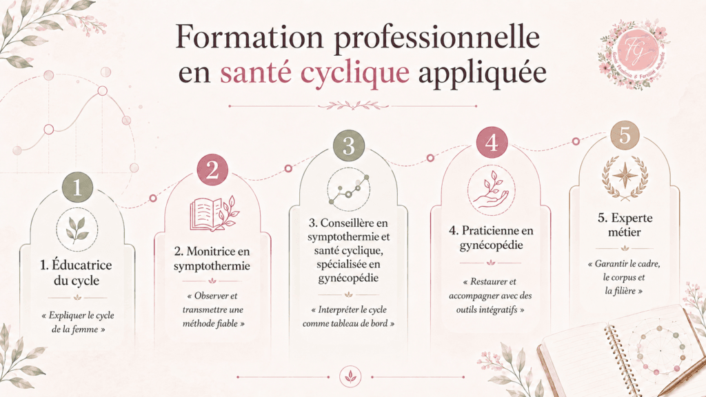 Infographie présentant les 5 niveaux de la filière professionnelle en santé cyclique appliquée : éducatrice du cycle, monitrice en symptothermie, conseillère en symptothermie et santé cyclique spécialisée en gynécopédie, praticienne en gynécopédie et experte métier.