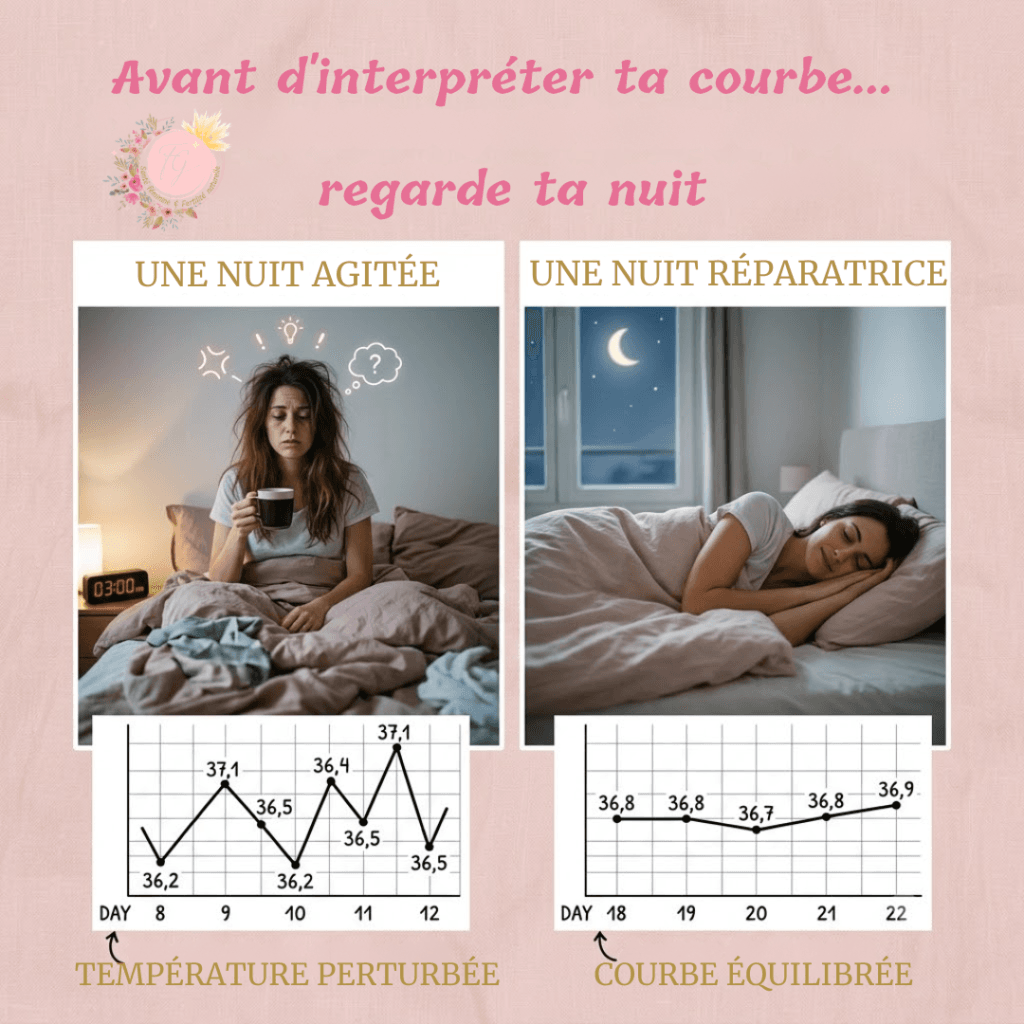 Comparaison entre une nuit agitée entraînant une température perturbée et une nuit réparatrice montrant une courbe de température équilibrée en symptothermie.