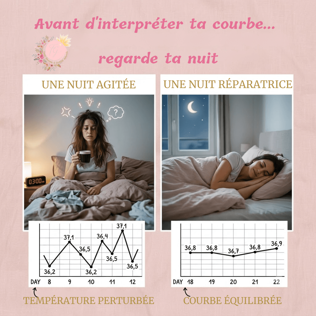 Comparaison entre une nuit agitée entraînant une température perturbée et une nuit réparatrice montrant une courbe de température équilibrée en symptothermie.